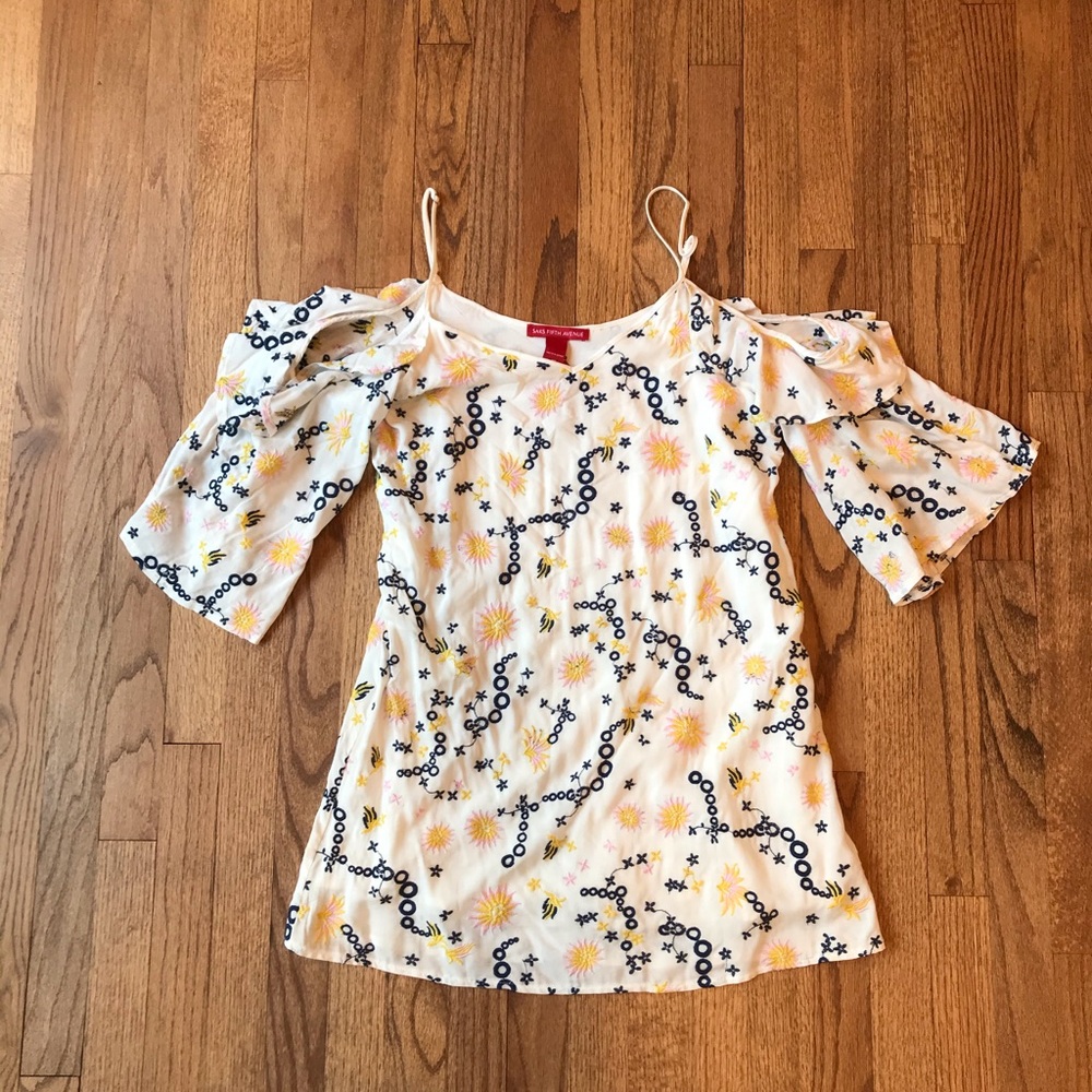Saks Fifth Avenue White Floral & Navy Cold-Shoulder Mini Dress